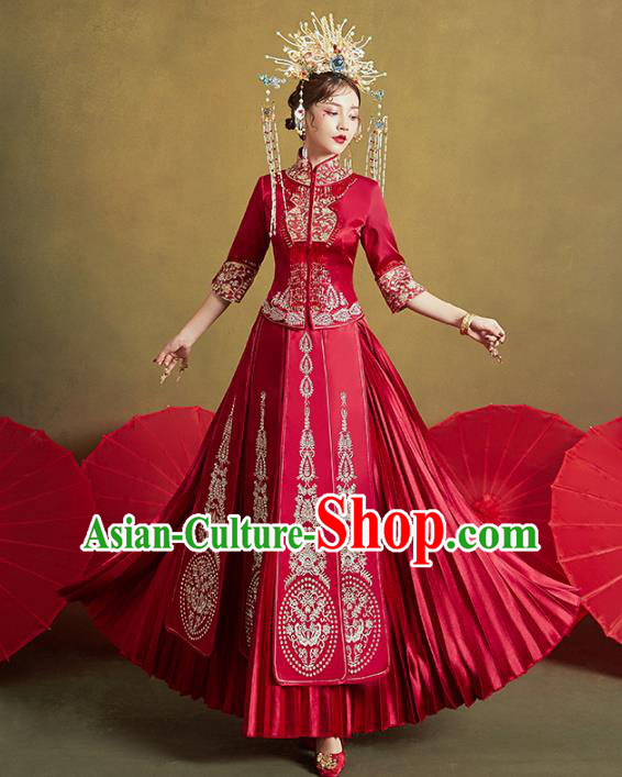 Chinese Traditional Embroidered Diamante Xiuhe Suits Wedding Dress Ancient Bride Costume for Women