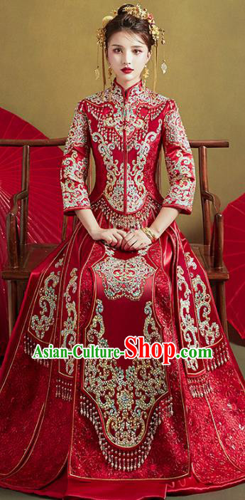 Chinese Traditional Embroidered Diamante Tassel Xiuhe Suits Wedding Dress Ancient Bride Costume for Women