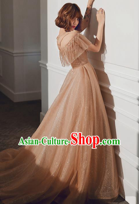 Professional Modern Dance Champagne Veil Dress Compere Stage Performance Costume for Women