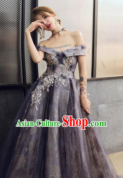 Professional Modern Dance Navy Veil Dress Compere Stage Performance Costume for Women