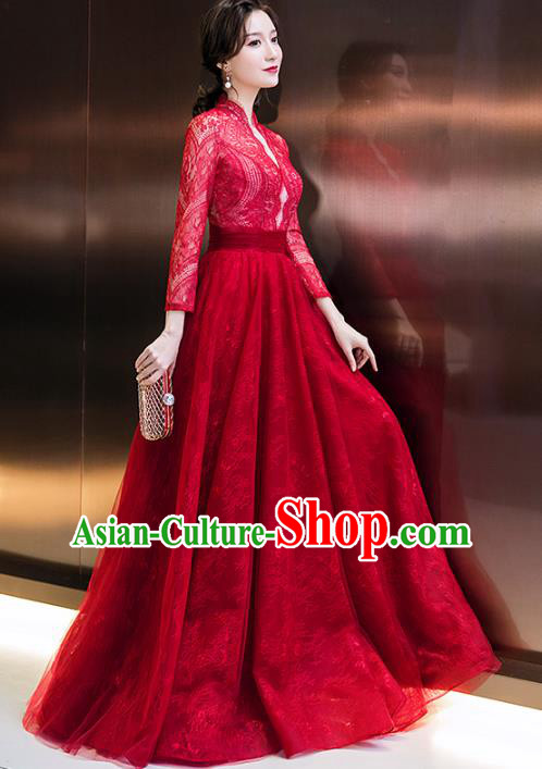 Professional Modern Dance Red Lace Full Dress Compere Stage Performance Costume for Women