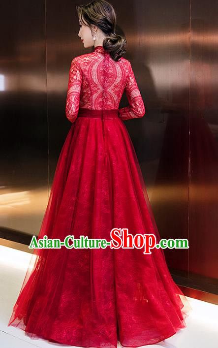 Professional Modern Dance Red Lace Full Dress Compere Stage Performance Costume for Women