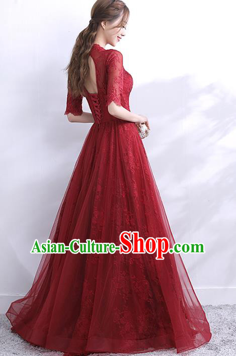 Professional Modern Dance Bride Wine Red Full Dress Compere Stage Performance Costume for Women