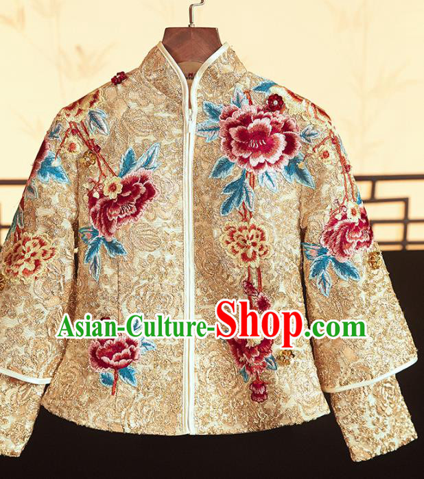Chinese Traditional Embroidered Peony Golden Xiuhe Suits Wedding Dress Ancient Bride Costume for Women