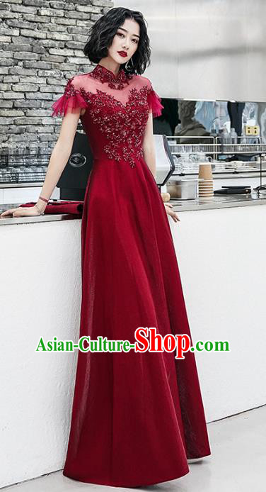 Professional Modern Dance Bride Embroidered Wine Red Dress Compere Stage Performance Costume for Women