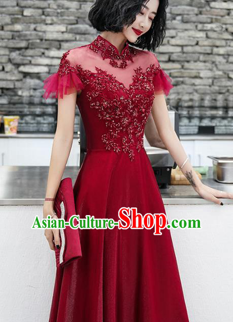Professional Modern Dance Bride Embroidered Wine Red Dress Compere Stage Performance Costume for Women