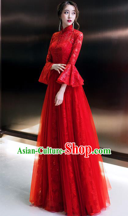 Professional Modern Dance Bride Red Lace Full Dress Compere Stage Performance Costume for Women