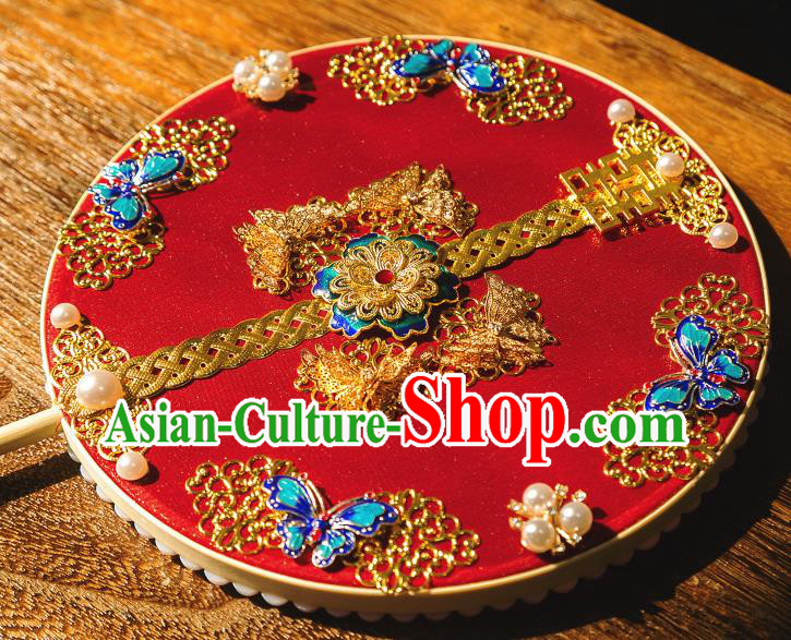 Chinese Traditional Hanfu Wedding Red Palace Fans Classical Round Fan for Women