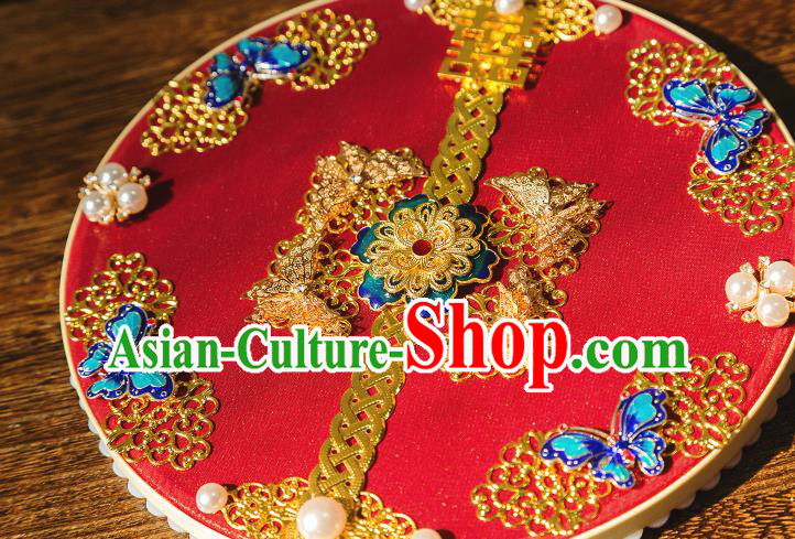 Chinese Traditional Hanfu Wedding Red Palace Fans Classical Round Fan for Women