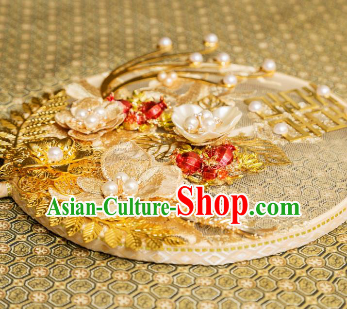 Chinese Traditional Hanfu Embroidered Flowers Yellow Palace Fans Classical Wedding Round Fan for Women