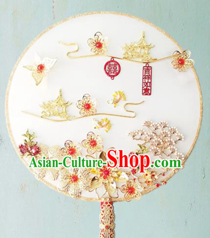 Chinese Traditional Hanfu White Palace Fans Classical Wedding Round Fan for Women