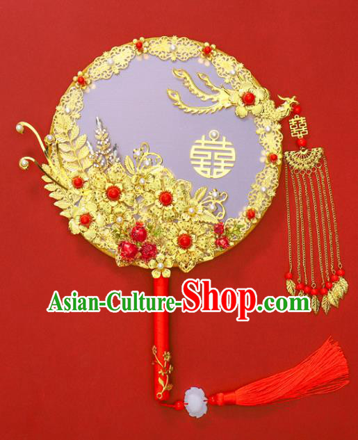 Chinese Traditional Hanfu Golden Phoenix Palace Fans Classical Wedding Round Fan for Women
