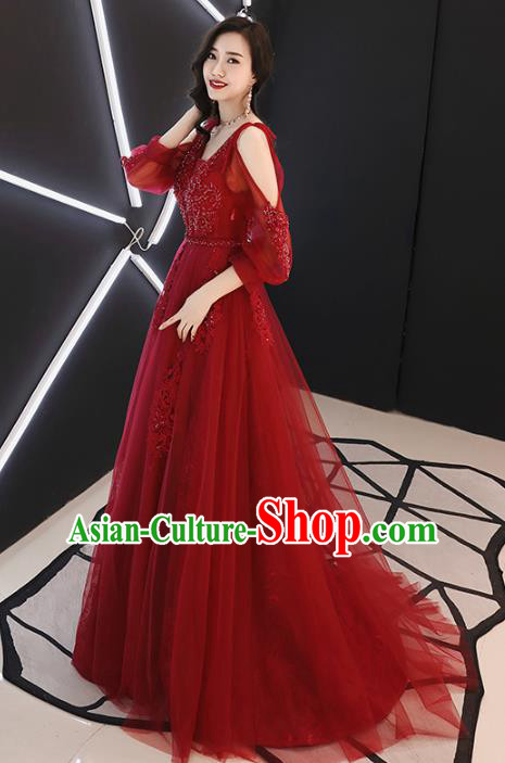 Professional Modern Dance Bride Wine Red Veil Full Dress Compere Stage Performance Costume for Women