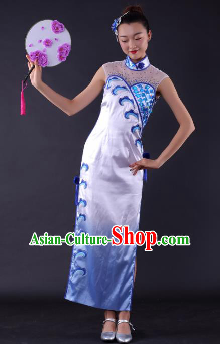 Chinese Classical Dance Fan Dance White Qipao Dress Traditional Stage Performance Costume for Women
