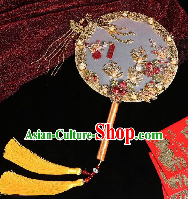 Chinese Traditional Handmade Hanfu Golden Phoenix Palace Fans Classical Wedding Round Fan for Women