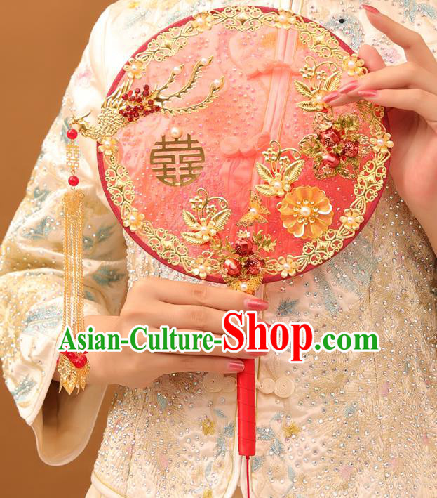 Chinese Traditional Handmade Hanfu Red Palace Fans Classical Wedding Silk Fan for Women