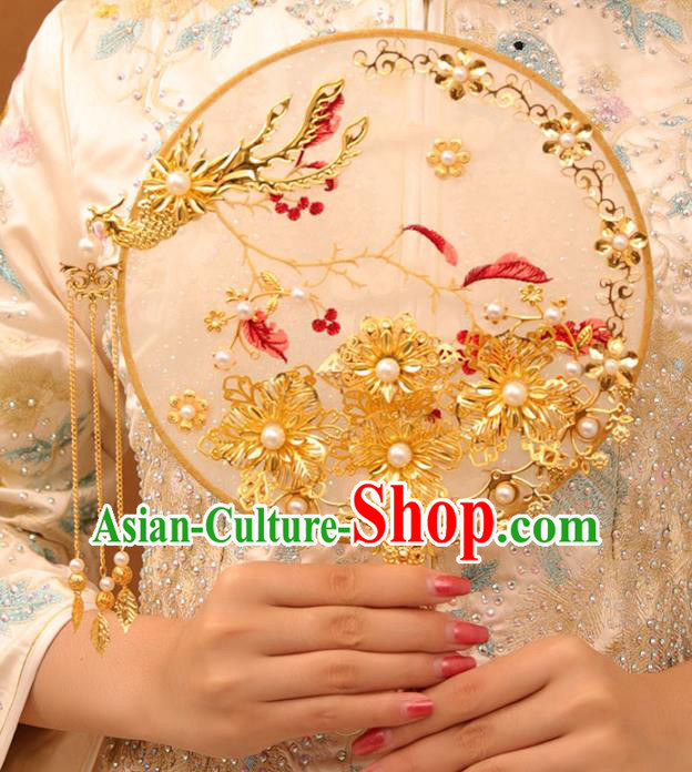 Chinese Traditional Handmade Hanfu Golden Phoenix Flowers Palace Fans Classical Wedding Silk Fan for Women