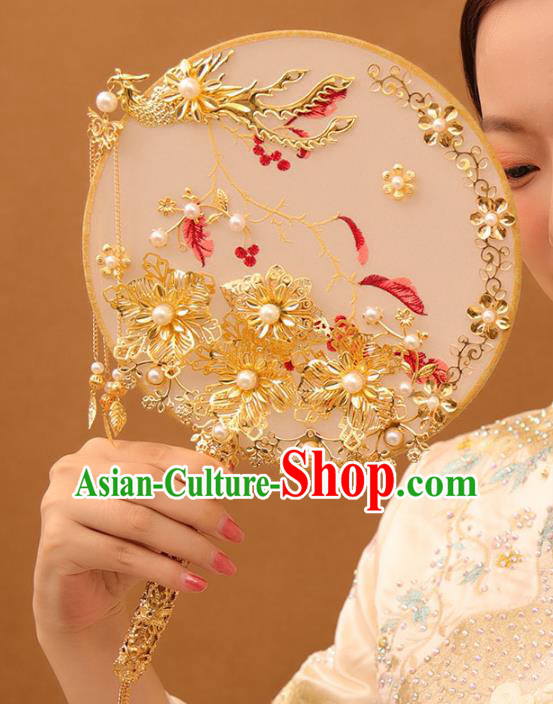 Chinese Traditional Handmade Hanfu Golden Phoenix Flowers Palace Fans Classical Wedding Silk Fan for Women