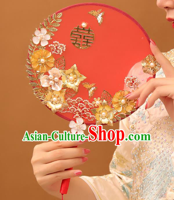 Chinese Traditional Handmade Hanfu Flowers Red Palace Fans Classical Wedding Silk Fan for Women