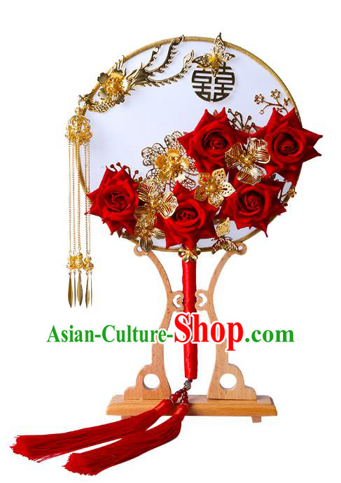 Chinese Traditional Handmade Hanfu Red Rose Palace Fans Classical Wedding Silk Round Fan for Women