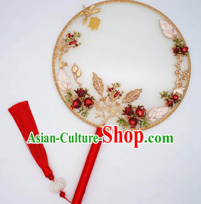 Chinese Traditional Handmade Hanfu Red Pomegranate Palace Fans Classical Wedding Silk Round Fan for Women