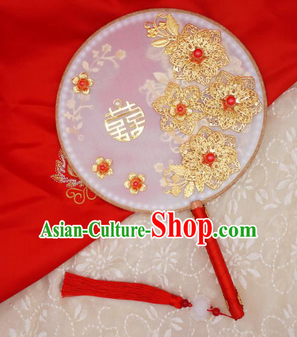 Chinese Traditional Handmade Hanfu Pearls Palace Fans Classical Wedding Silk Round Fan for Women