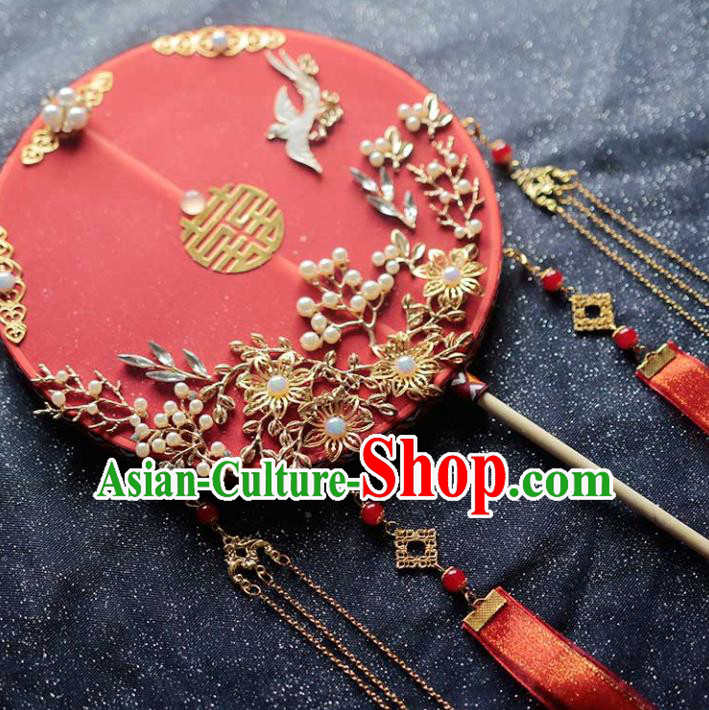 Chinese Traditional Hanfu Red Ribbon Palace Fans Classical Wedding Round Fan for Women