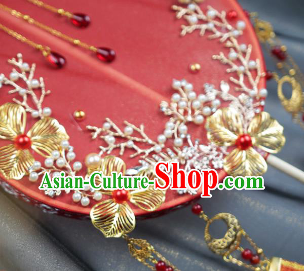 Chinese Traditional Hanfu Wedding Red Ribbon Palace Fans Classical Round Fan for Women