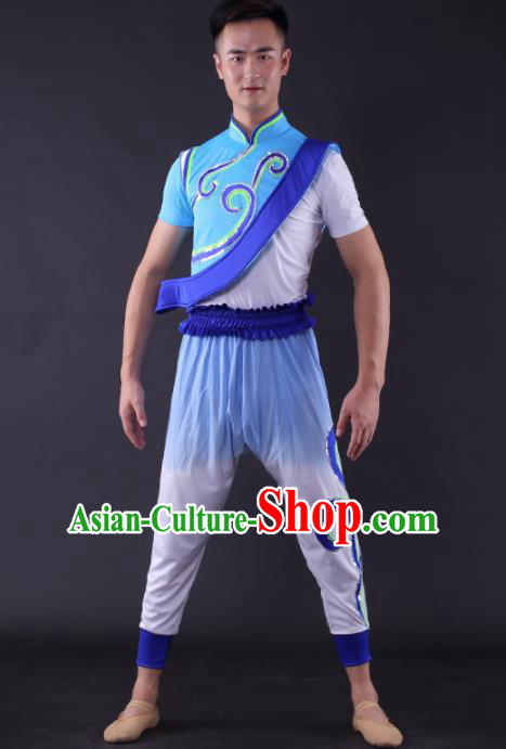 Chinese Traditional Male Dance Blue Clothing China Folk Dance Stage Performance Costume for Men