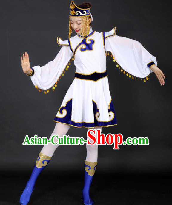 Chinese Mongolian Dance White Dress Traditional Mongol Nationality Stage Performance Costume for Women
