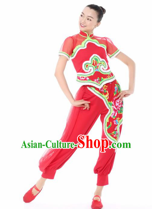 Chinese Traditional Yangko Dance Red Veil Outfits Folk Dance Stage Performance Costume for Women