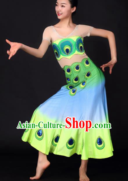 Chinese Traditional Peacock Dance Green Dress China Dai Nationality Stage Performance Costume for Women