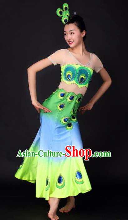 Chinese Traditional Peacock Dance Green Dress China Dai Nationality Stage Performance Costume for Women