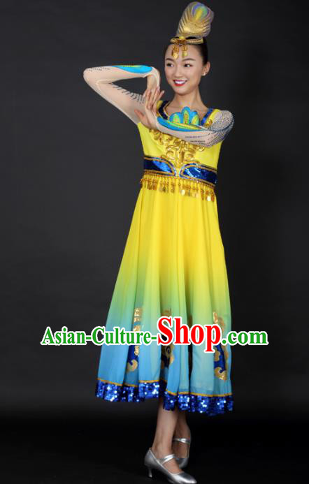 Chinese Uigurian Dance Yellow Dress Traditional Uyghur Nationality Stage Performance Costume for Women