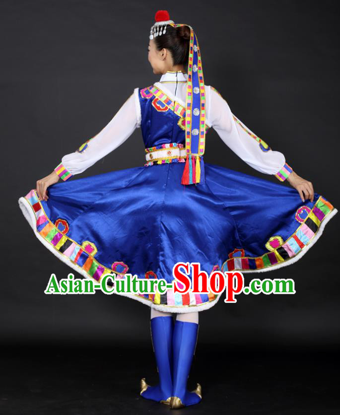 Chinese Tibetan Dance Royalblue Dress Traditional Zang Nationality Stage Performance Costume for Women