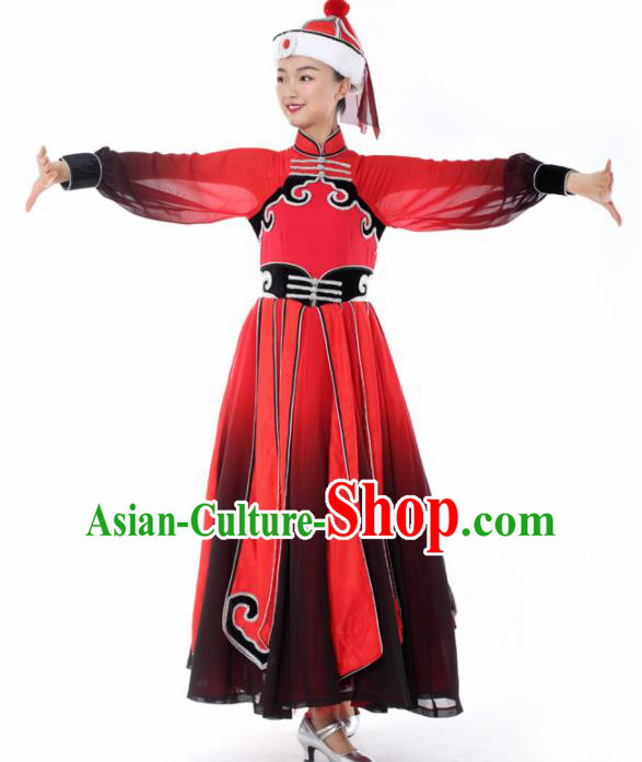Chinese Mongolian Dance Red Dress Traditional Mongol Nationality Stage Performance Costume for Women