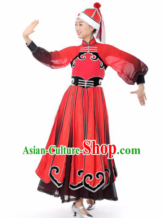Chinese Mongolian Dance Red Dress Traditional Mongol Nationality Stage Performance Costume for Women