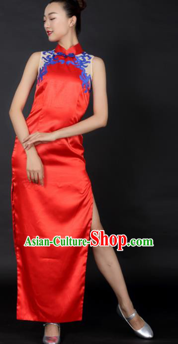 Chinese Classical Dance Red Qipao Dress Traditional Fan Dance Stage Performance Costume for Women