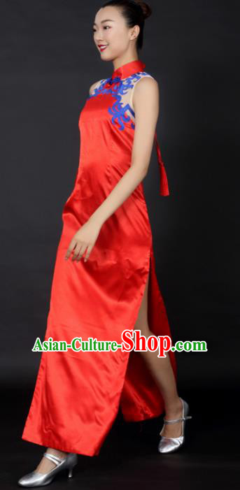 Chinese Classical Dance Red Qipao Dress Traditional Fan Dance Stage Performance Costume for Women