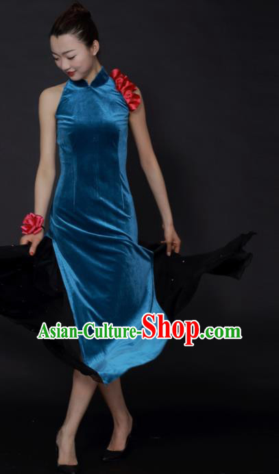 Chinese Classical Dance Blue Velvet Qipao Dress Traditional Fan Dance Stage Performance Costume for Women