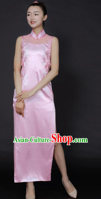 Chinese Classical Dance Pink Qipao Dress Traditional Fan Dance Stage Performance Costume for Women