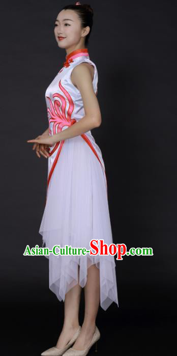 Chinese Classical Dance White Veil Short Qipao Dress Traditional Fan Dance Stage Performance Costume for Women
