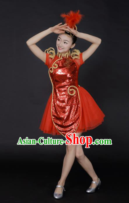 Professional Modern Dance Red Sequins Short Dress Opening Dance Stage Performance Costume for Women