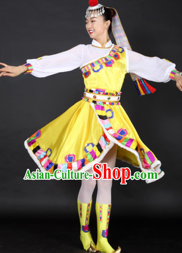Chinese Tibetan Dance Yellow Dress Traditional Zang Nationality Stage Performance Costume for Women