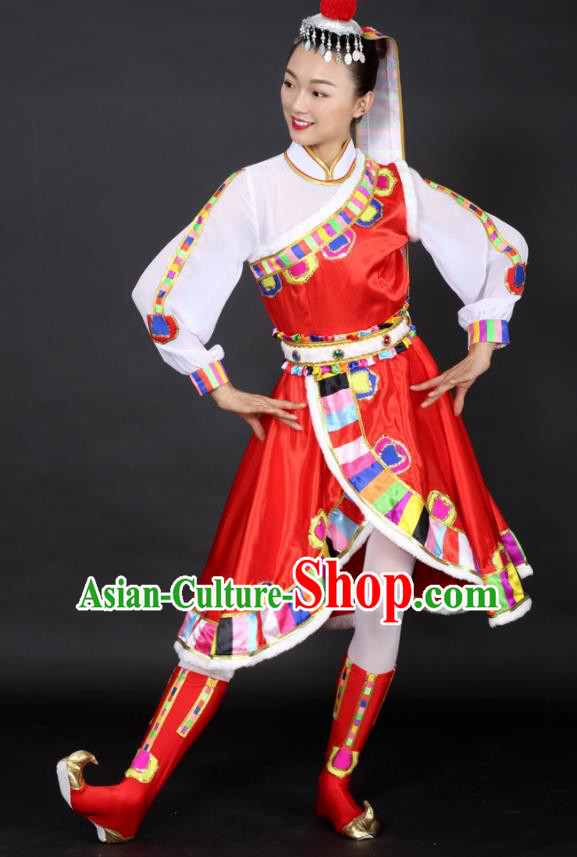 Chinese Tibetan Dance Red Dress Traditional Zang Nationality Stage Performance Costume for Women