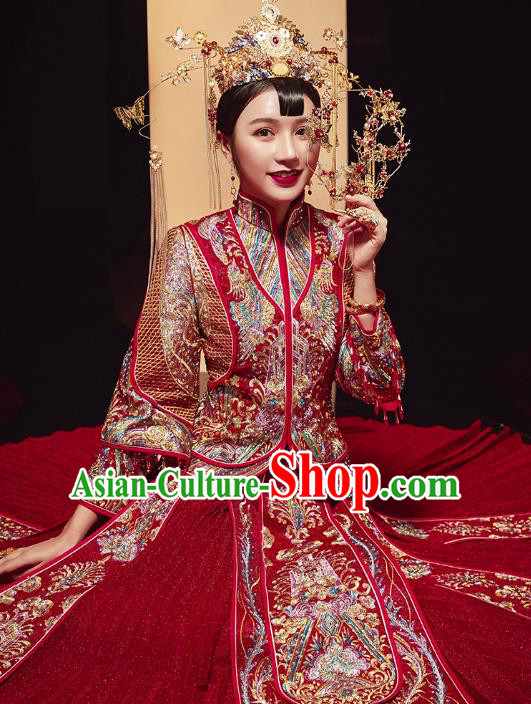 Chinese Traditional Embroidered Drilling Phoenix Xiuhe Suits Wedding Dress Ancient Bride Costume for Women