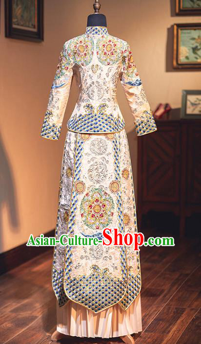 Chinese Traditional Embroidered Champagne Xiuhe Suits Wedding Dress Ancient Bride Costume for Women