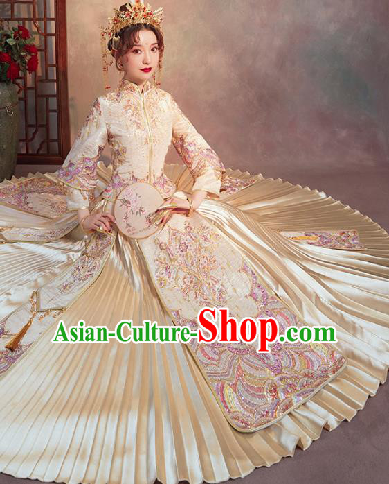 Chinese Traditional Embroidered Drilling Champagne Xiuhe Suits Wedding Dress Ancient Bride Costume for Women