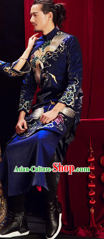 Chinese Traditional Embroidered Royalblue Mandarin Jacket and Robe Wedding Tang Suit Ancient Bridegroom Costume for Men