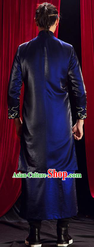 Chinese Traditional Embroidered Royalblue Mandarin Jacket and Robe Wedding Tang Suit Ancient Bridegroom Costume for Men
